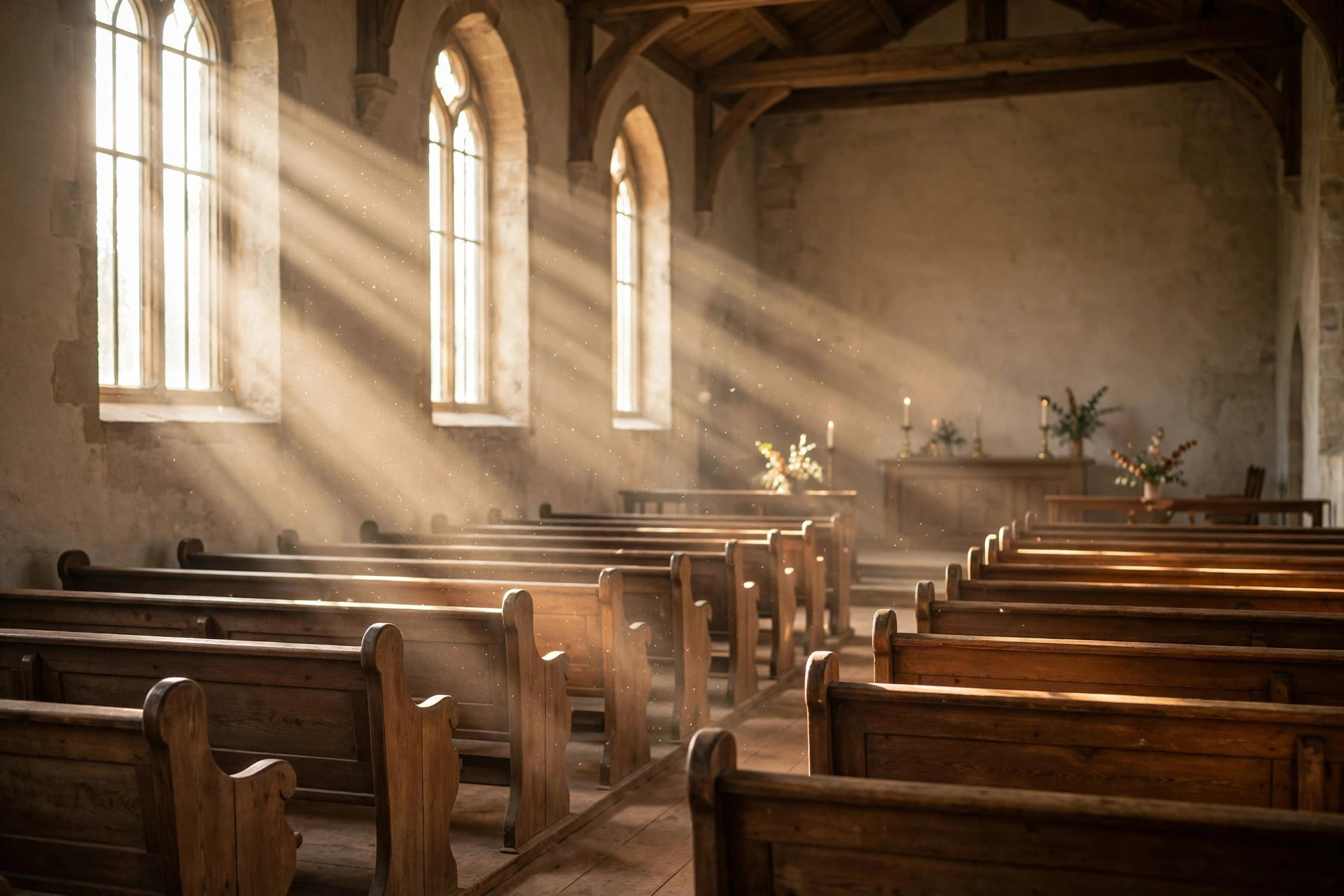 Church pews in sunlight
