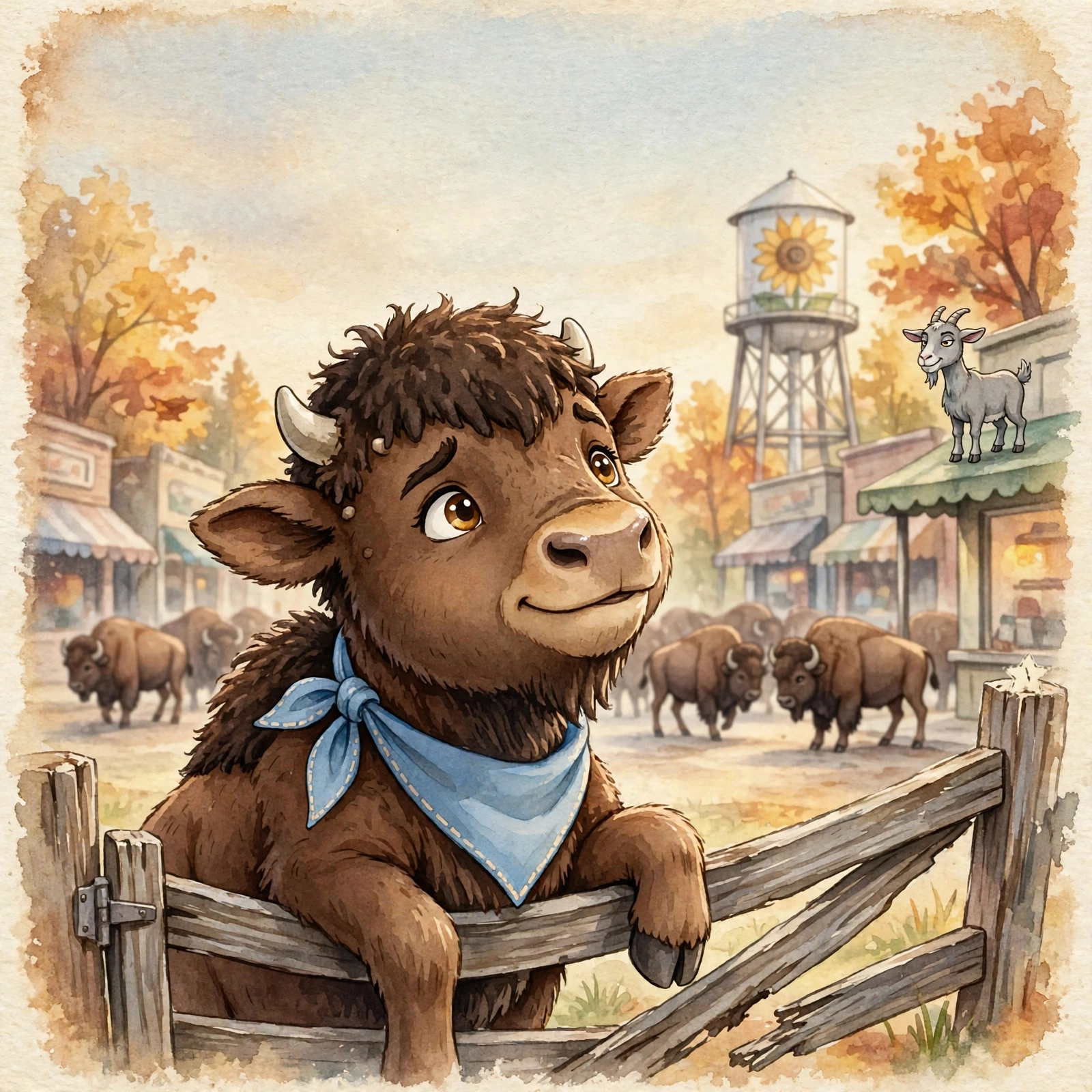 Cover art: Bram the bison calf at the sagging pasture gate, the herd loose on Junction Street behind him and Nib the goat on the diner awning.