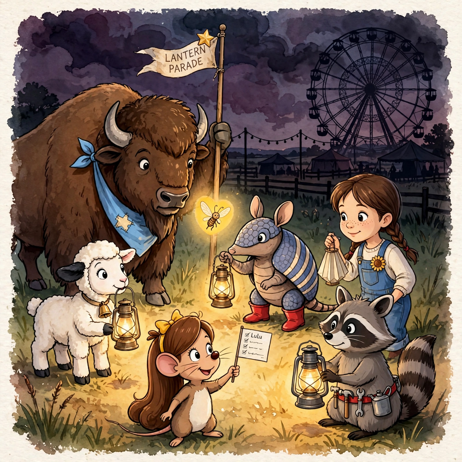 Cover art: the seven friends in a ring of lantern light at the darkened fairgrounds, the Ferris wheel a black lace circle against a plum storm sky — no title lettering; the title is not final yet.