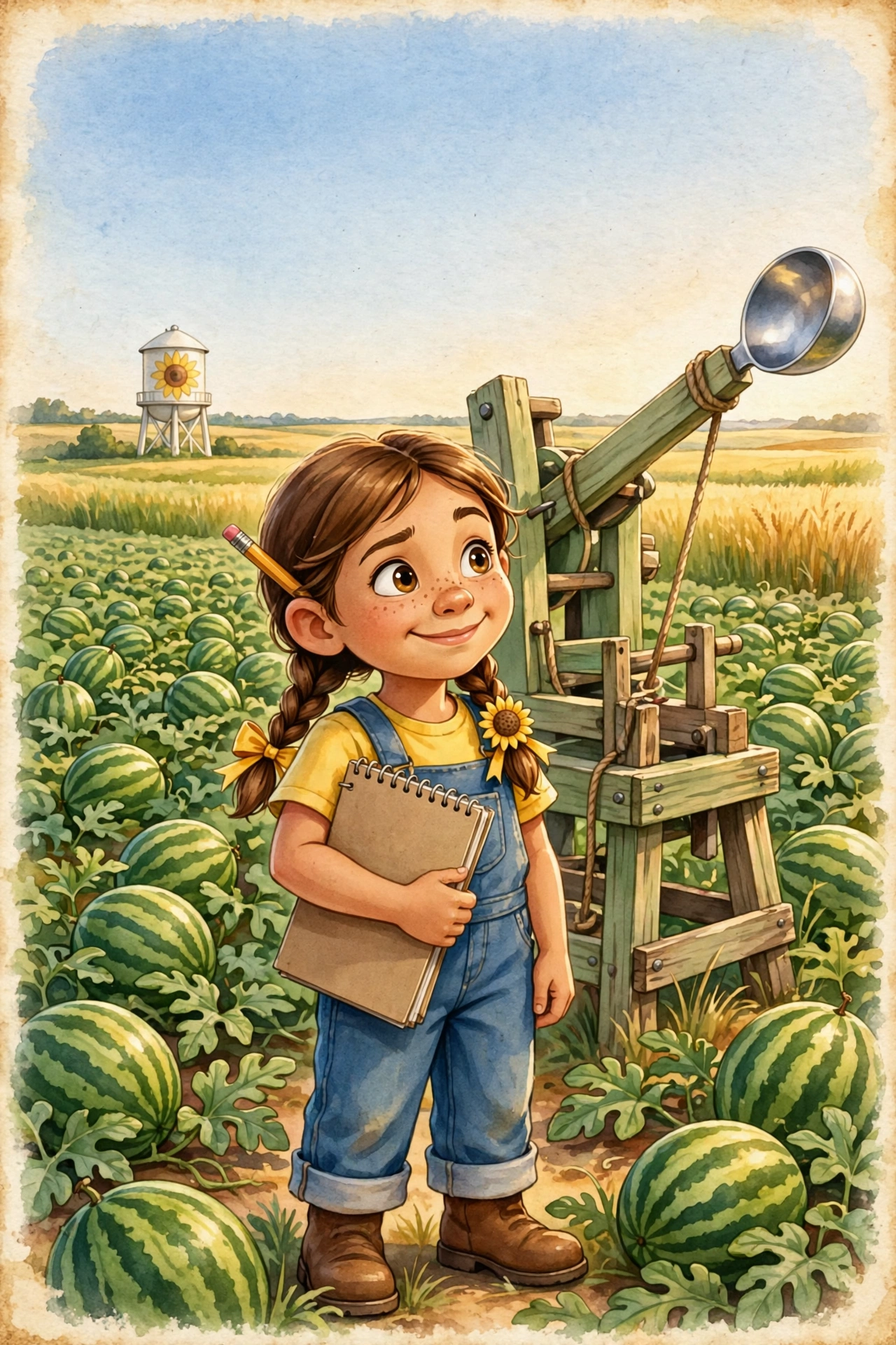Cover proof: Junebug Parker standing in the melon patch with her lab notebook, the Melon-Loader 3000 behind her
