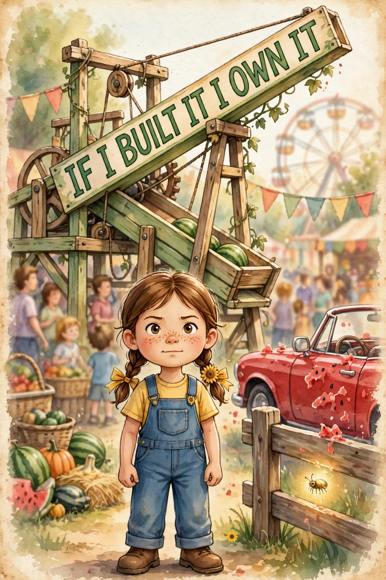 Chapter 5 key scene proof: Junebug stepping out in front of the Melon-Loader 3000, chin up, the words IF I BUILT IT, I OWN IT painted on the arm behind her