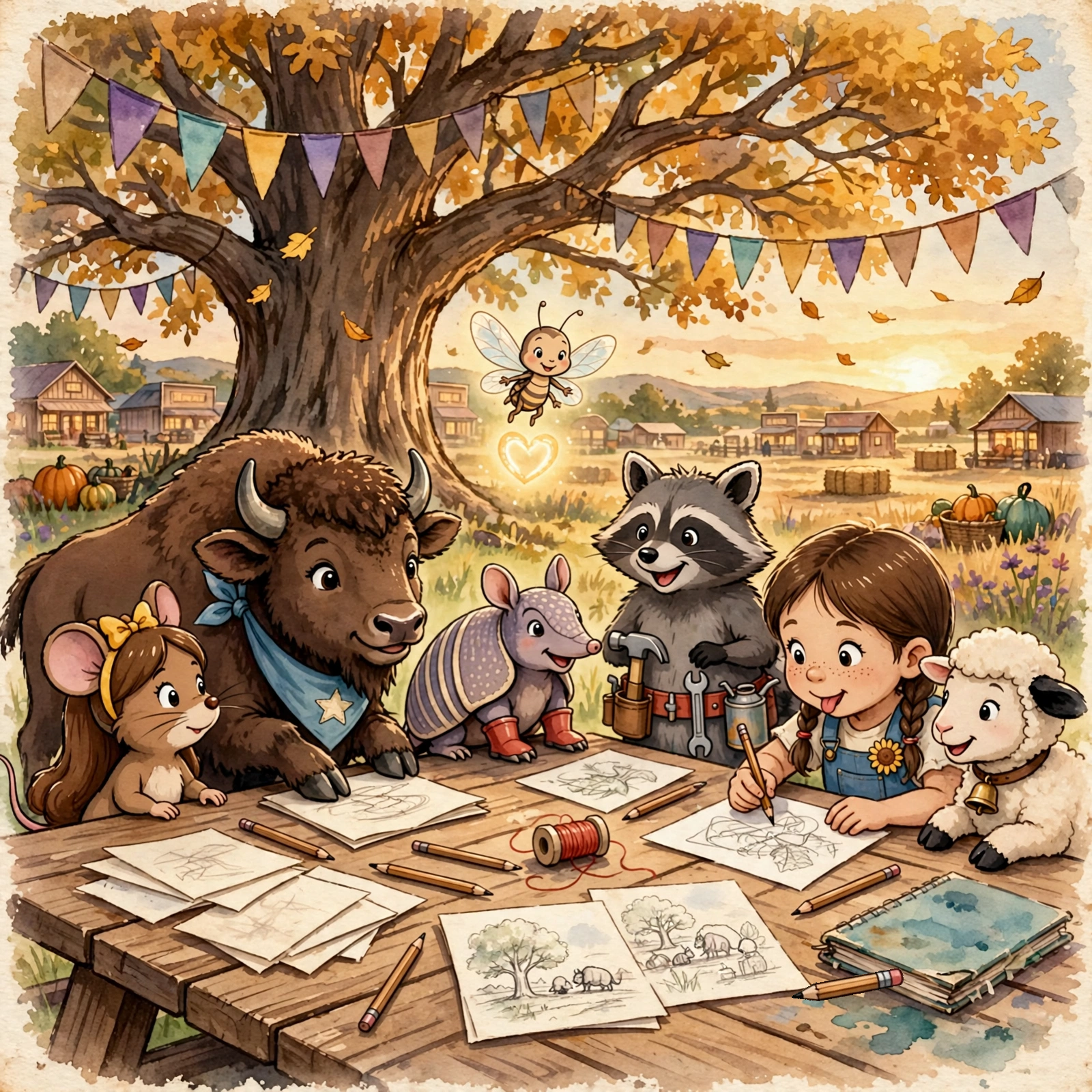 Cover art: all seven friends making a book at the picnic table under the Meeting Tree at golden dusk, the ruined notebook face-down at the table's corner. No title lettering — the title is not final.