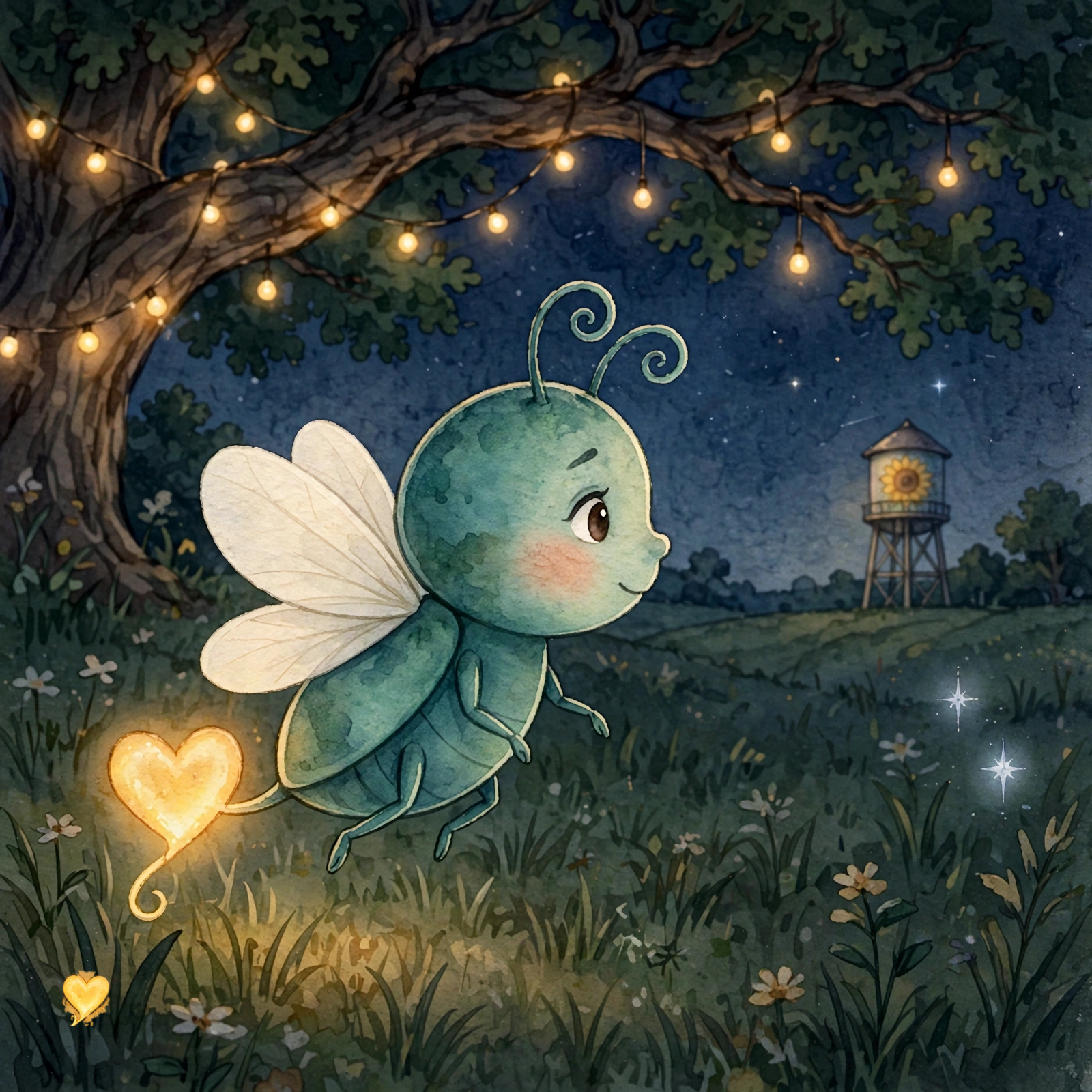 Cover art: Lulu the lightning bug in side profile under the Meeting Tree at night, exactly two wings, her tail a clear heart-shaped gold glow, flying toward two small silver-blue sparkles at the edge of the dark; the sunflower water tower on the horizon.