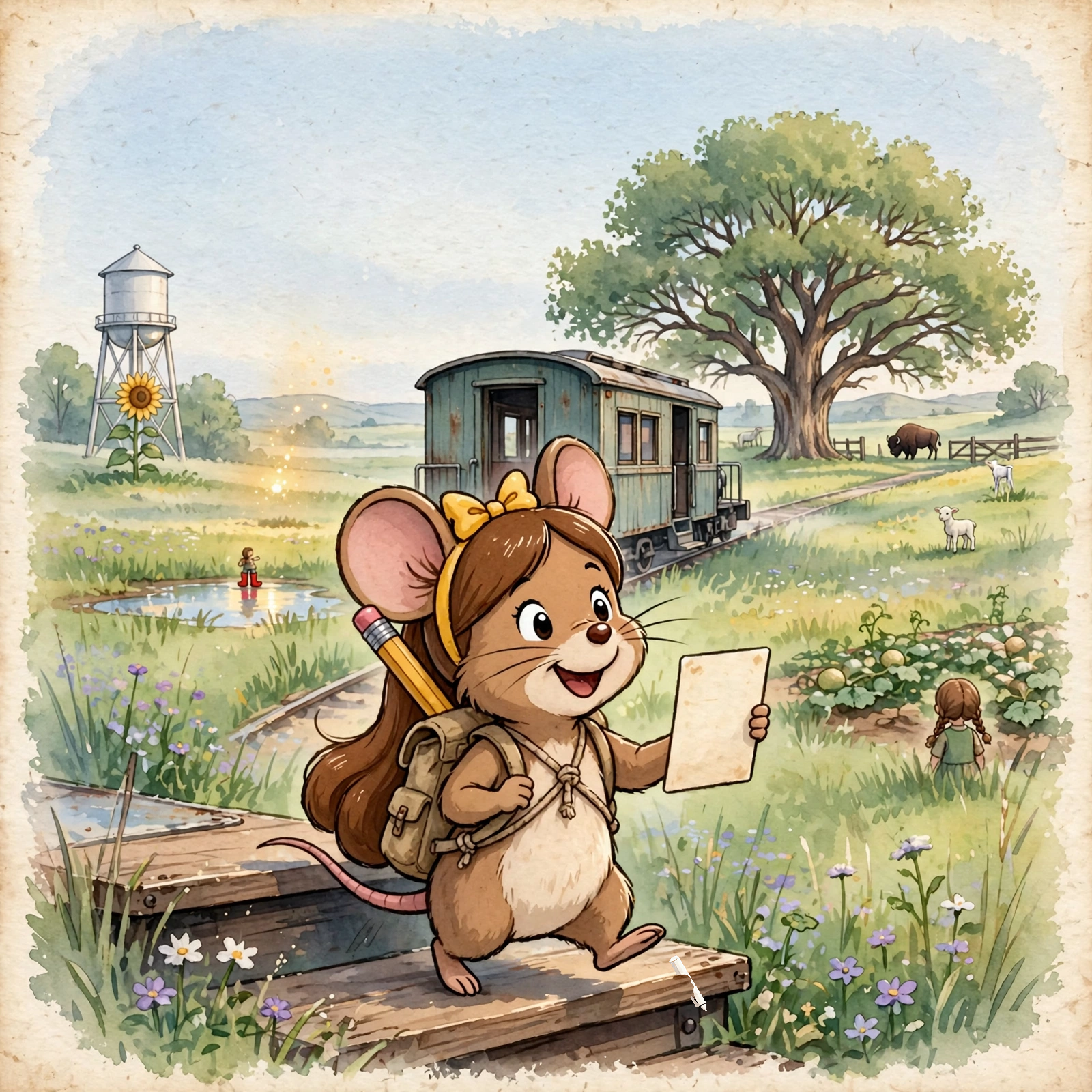 Cover art: Mabel the field mouse stepping down from the morning train at Prairie Junction depot, blank scorecard held up like a map, the whole town promised behind her.