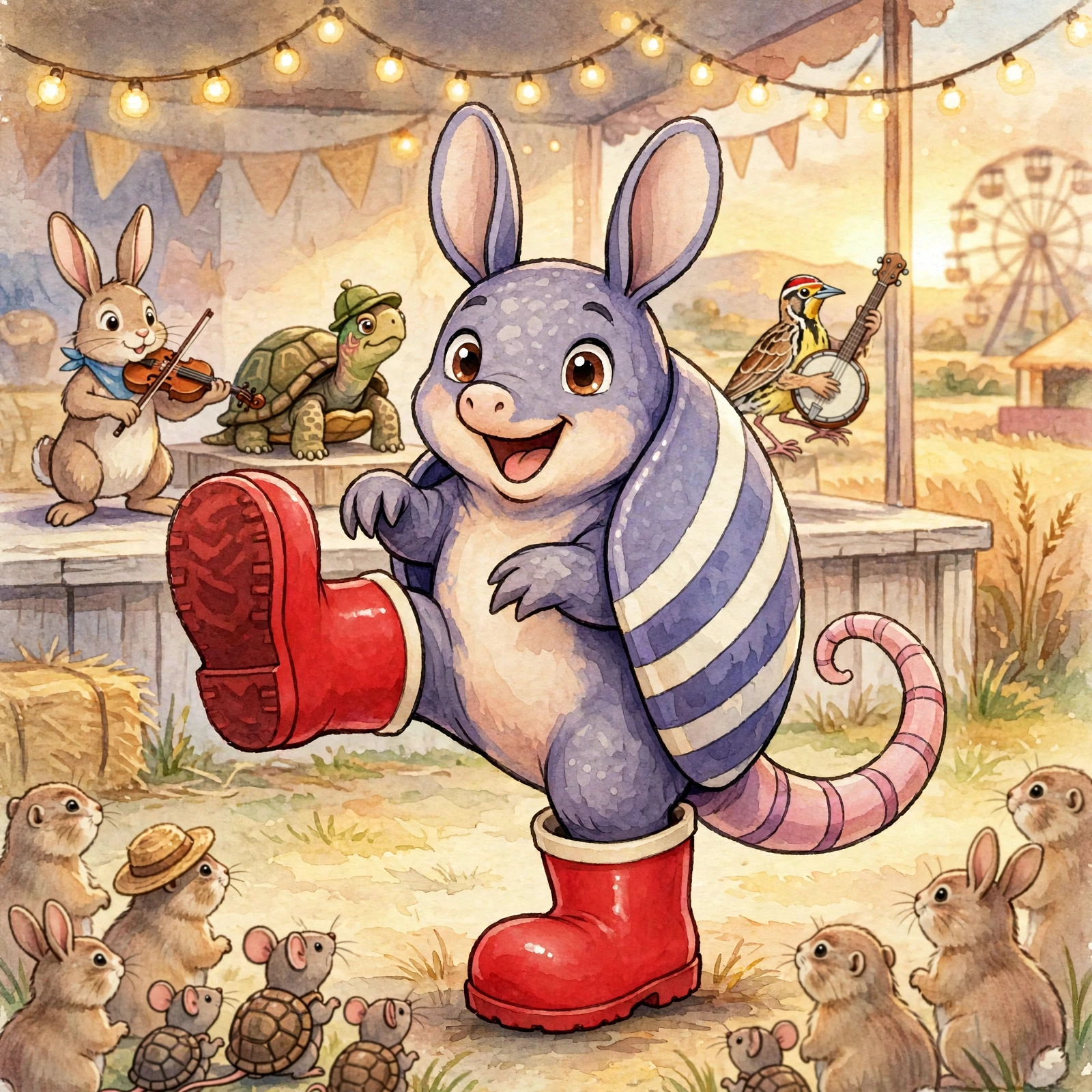 Cover proof: Pickle the armadillo mid-stomp in his enormous red boots on the county-fair stage, one boot raised high, the fiddle band playing behind him under string lights.
