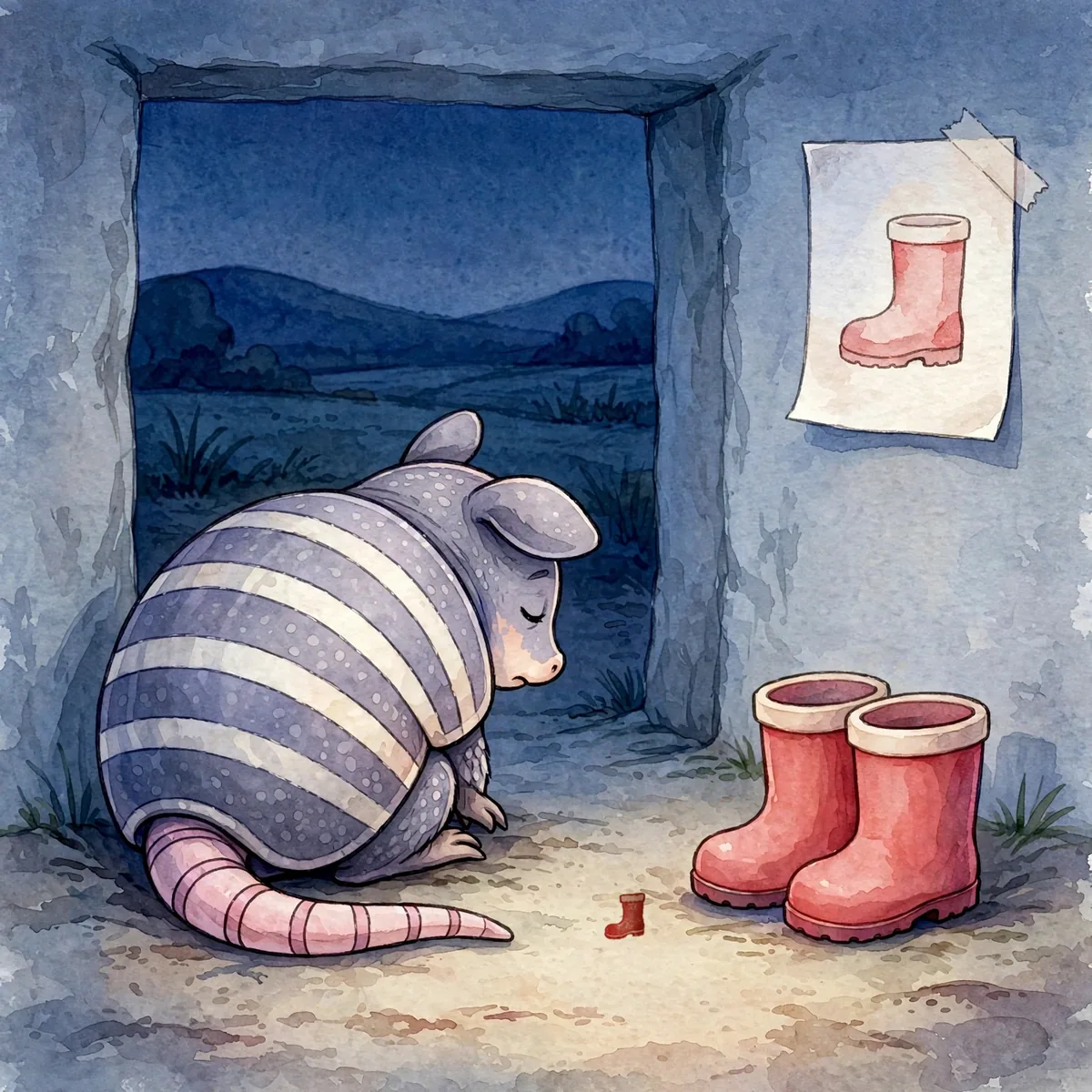 Illustration for Spread 5: quiet blue evening; Pickle small in the burrow doorway, boots lined up by the door.