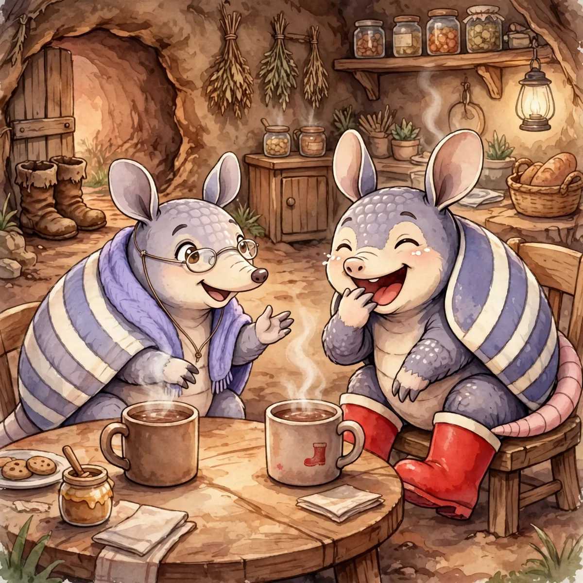 Illustration for Spread 6: Grandma's warm burrow kitchen, two cups of cocoa, her own old boots by the door.