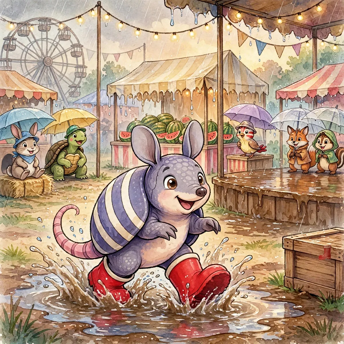 Illustration for Spread 9: the fairground in a cheerful downpour, the big dance stage a glossy sea of mud.