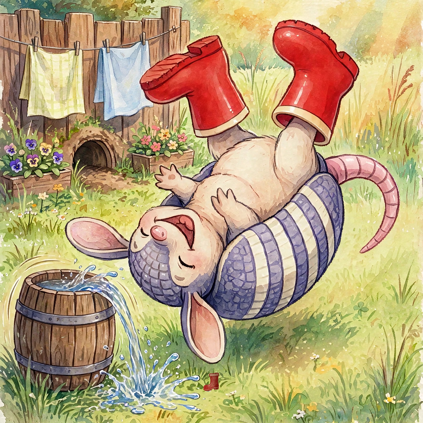 Interior style proof for Spread 3: Pickle upside down mid-roll in the backyard, red boots in the air, grinning beside the upright, wobbling rain barrel.