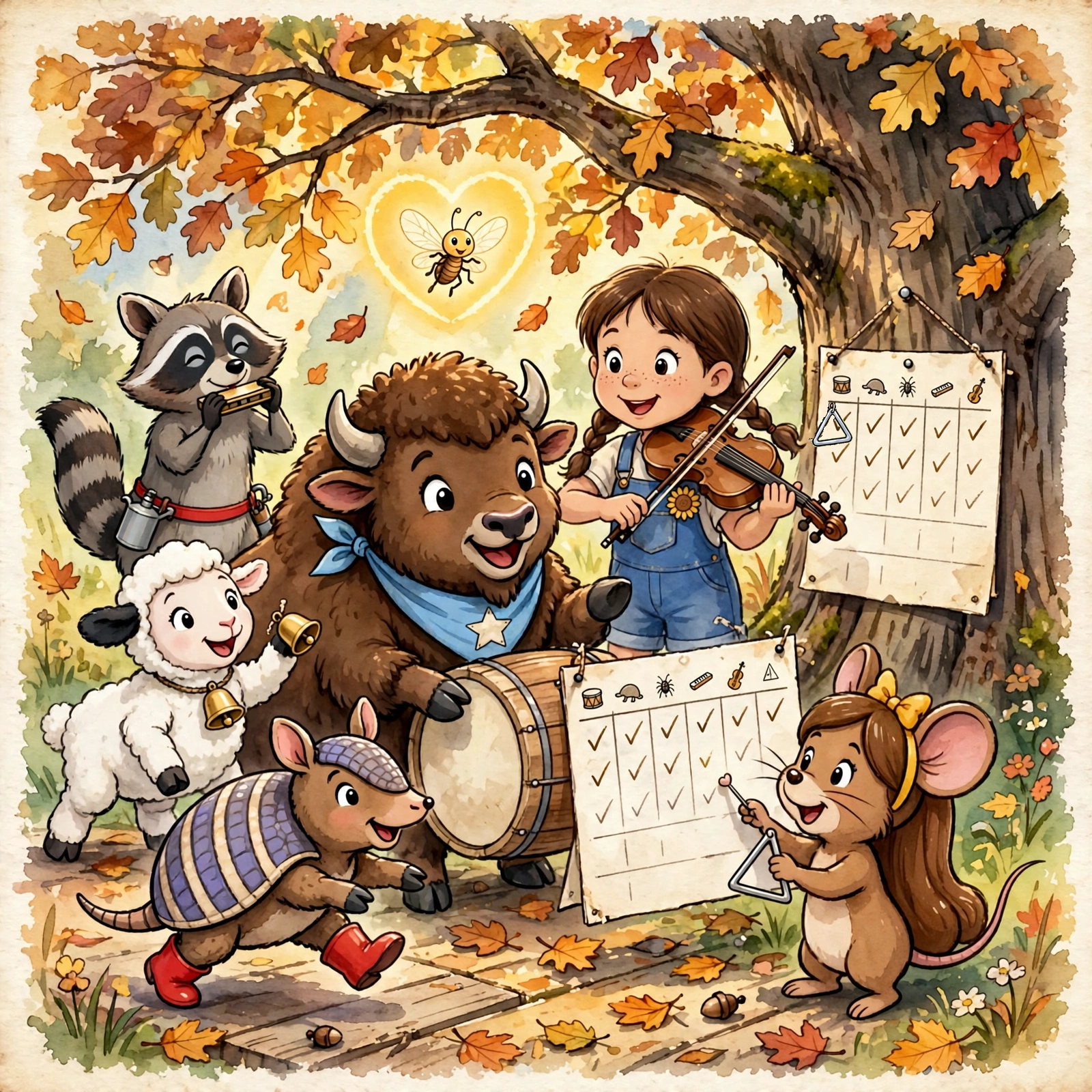 Cover art: the whole band mid-rehearsal under the Meeting Tree, Mabel pinning up the practice chart.