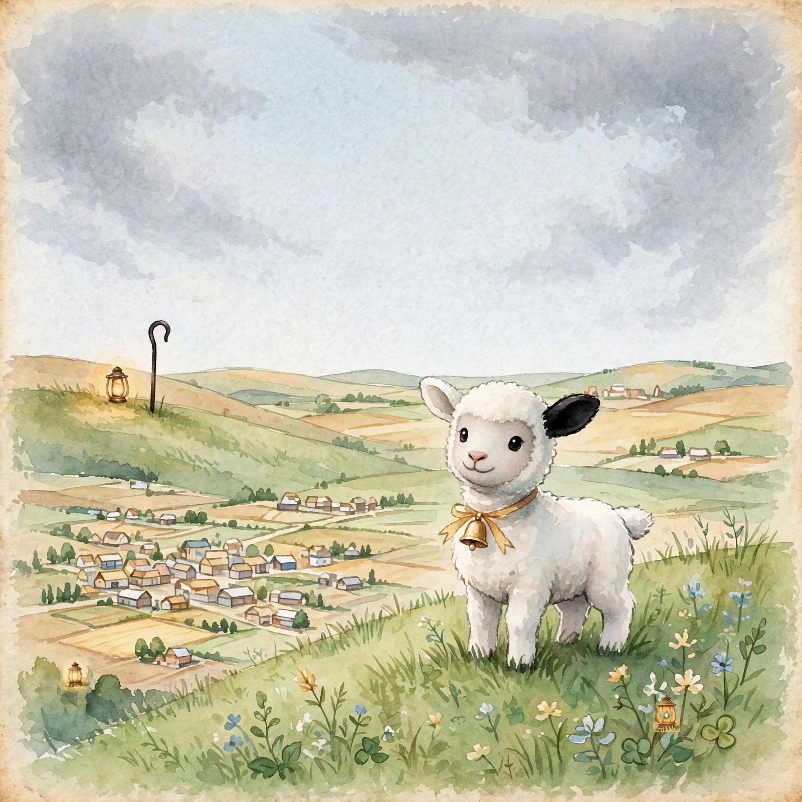 Cover art: Little Shep, a small white lamb with one black ear and a brass bell, on a green hill above Prairie Junction; on the far hill, a lantern glow and a shepherd's staff silhouette.