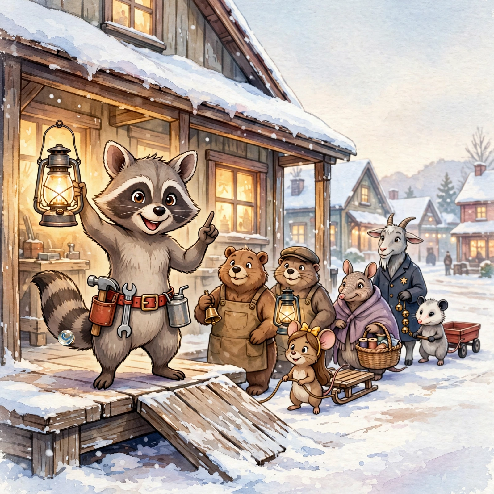 Cover art: Tinker the raccoon on his snowy workshop porch, lantern held high, wearing his red three-tool belt, with a line of animal customers behind him down Junction Street.